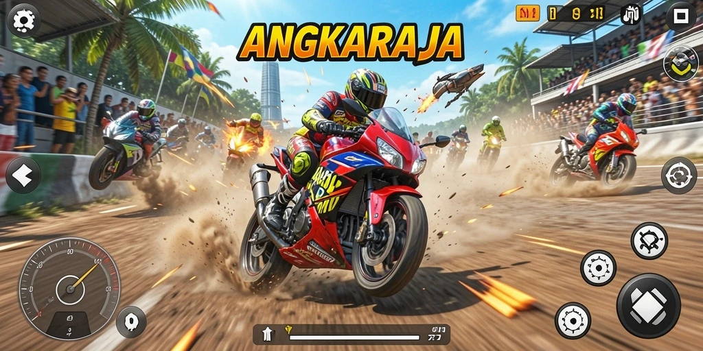 Screenshot gameplay ANGKARAJA dengan aksi balapan motor yang seru.