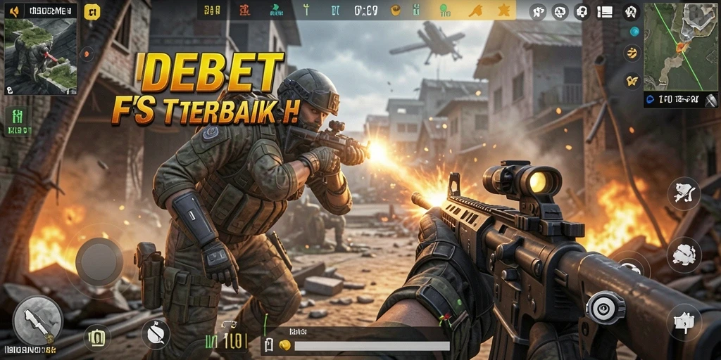 Screenshot utama IDEBET menampilkan aksi tembak-menembak yang seru dan dinamis.