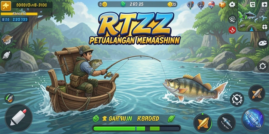 Screenshot gameplay RTZZ menampilkan aksi memancing seru dalam suasana alam.