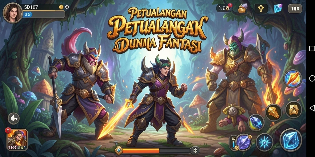 Screenshot utama SD107 menampilkan aksi seru dalam pertempuran RPG.