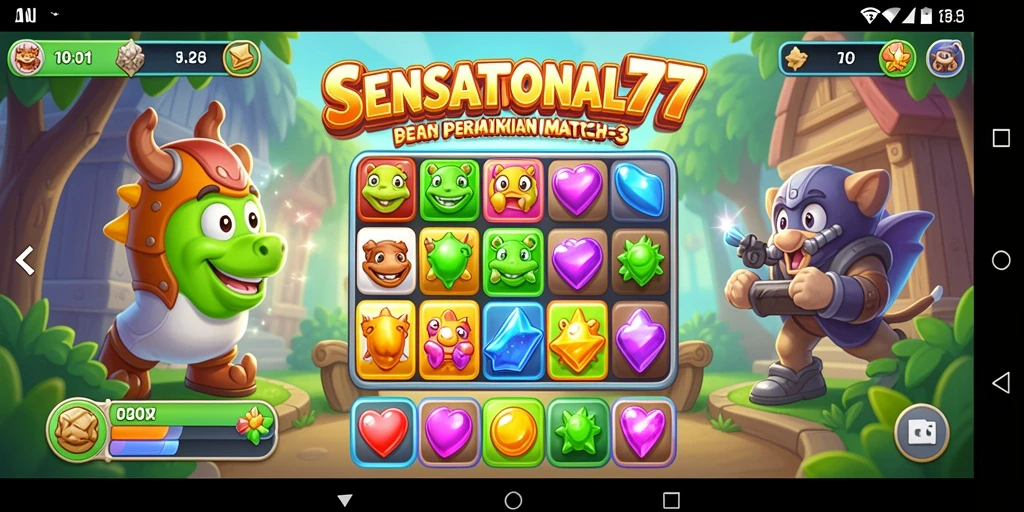 Tampilan screenshot SENSATIONAL77 menampilkan serunya gameplay Match-3 yang berwarna-warni.